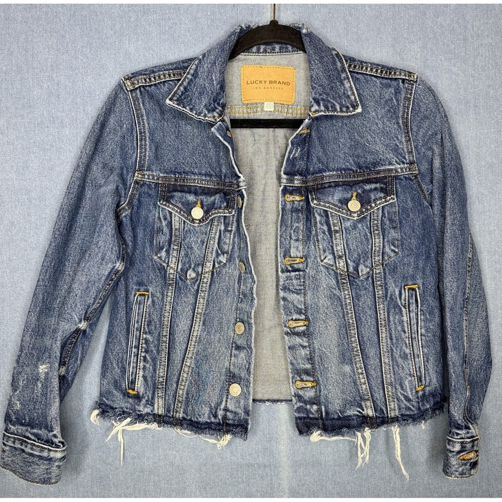 Lucky Brand  The Tomboy Trucker Frayed Raw Hem Crop Blue Denim Jean Jacket Small
